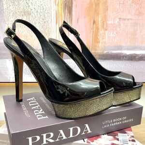 Black and Gold Sexy Vince Camuto Platform Peeptoe Slingback Pumps Sandals